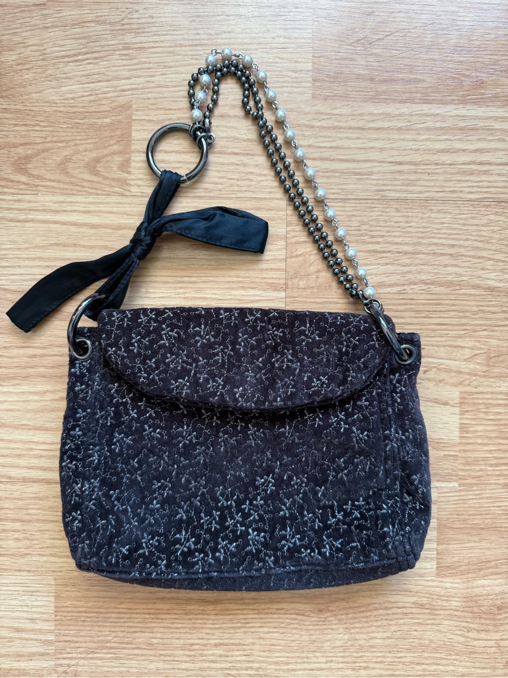 GAP Black Velvet Chain Shoulder Bag with Pearl Accent